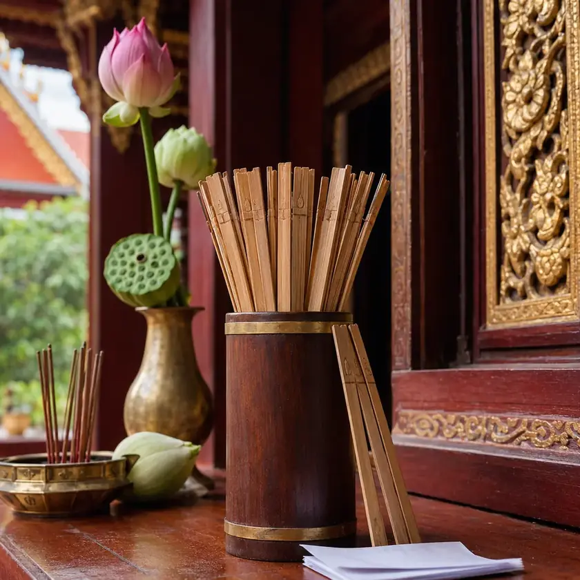 กระบอกและไม้เซียมซีในบรรยากาศวัดไทย